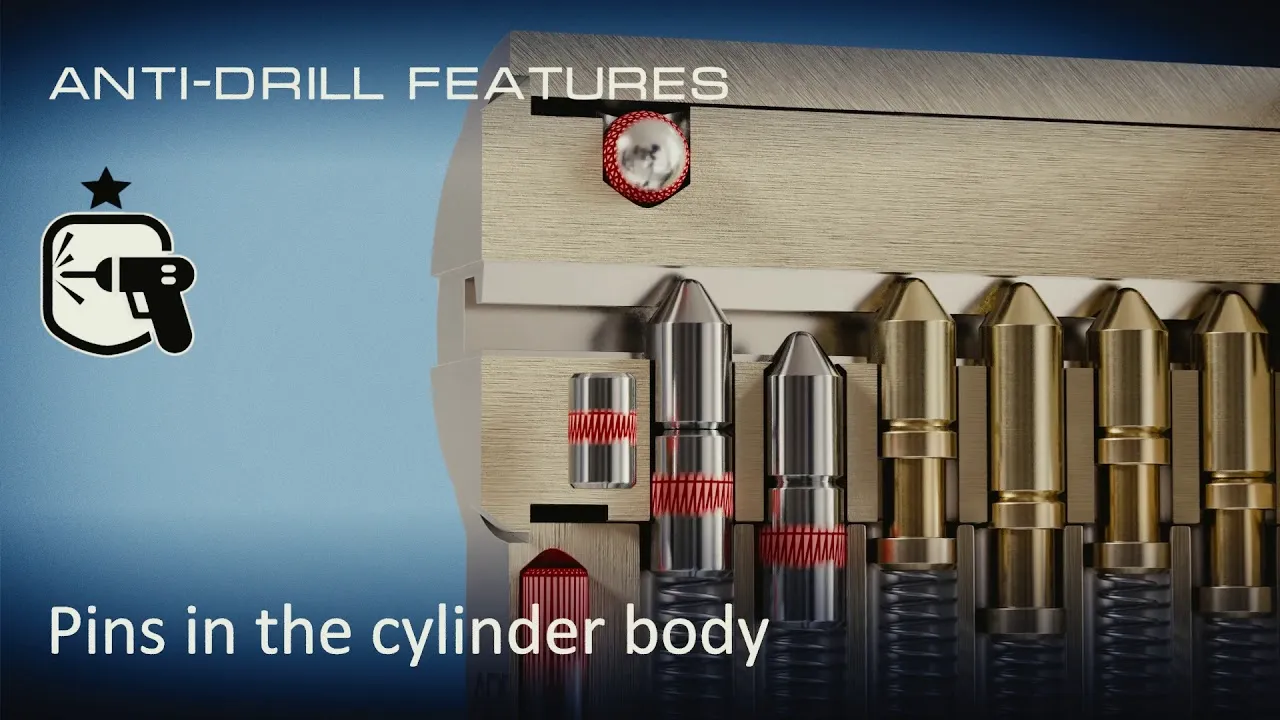 Pins in the cylinder body of a door lock.